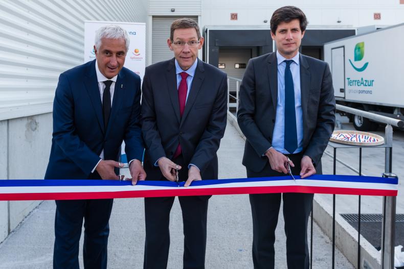 Stéphane Layani, Président Directeur Général de la Semmaris-MIN de Rungis, Eric Dumont, Président du Directoire du Groupe Pomona et Julien Denormandie, Ministre de l'Agriculture et de l'Alimentation